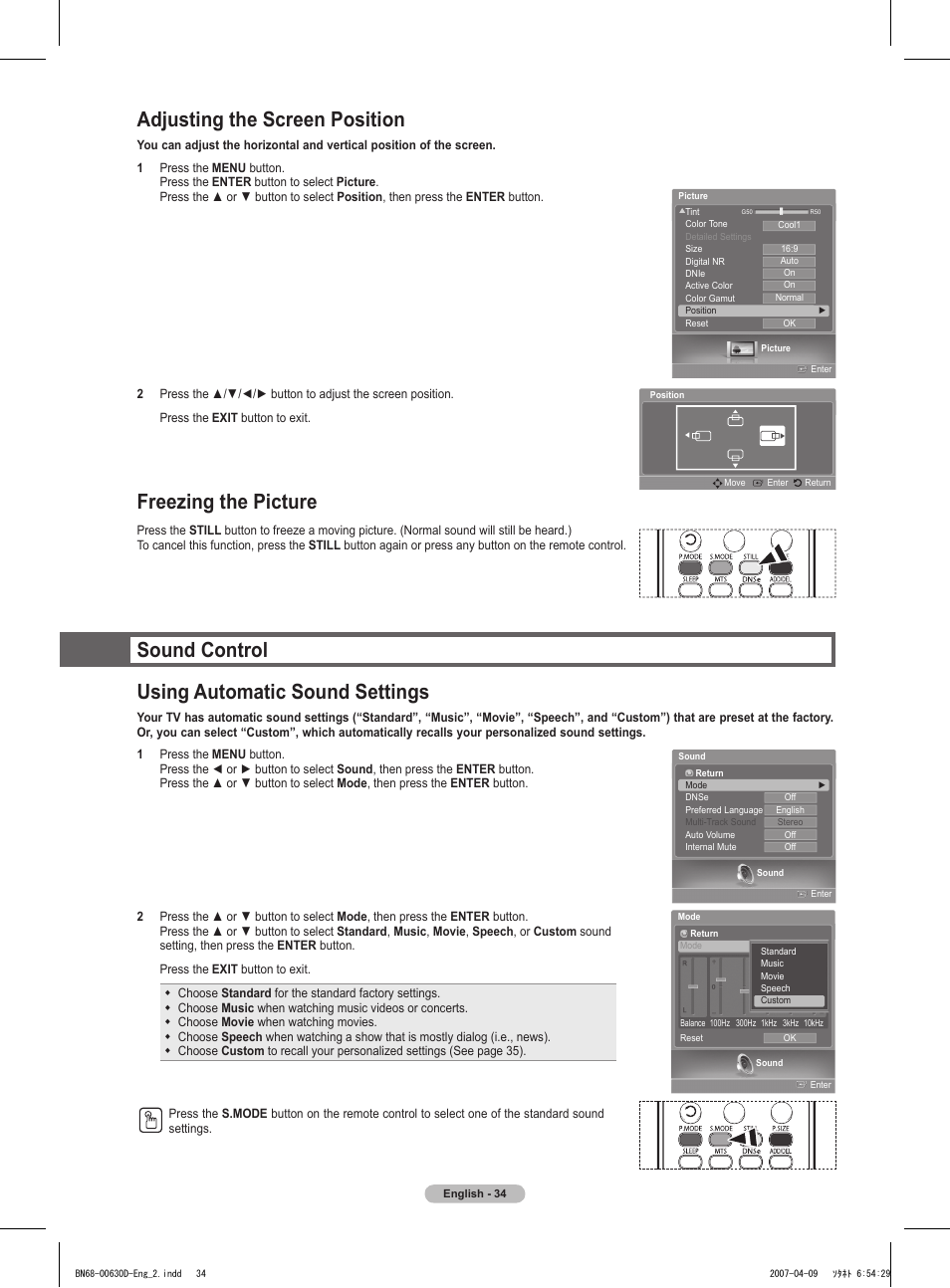 Adjusting the screen position, Freezing the picture, Sound control | Using automatic sound settings, Sound control using automatic sound settings | Samsung HLT6756WX-XAA User Manual | Page 34 / 144