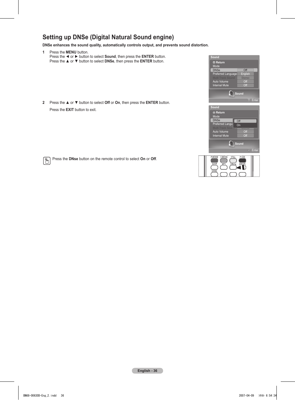 Setting up dnse (digital natural sound engine) | Samsung HLT6756WX-XAA User Manual | Page 36 / 144