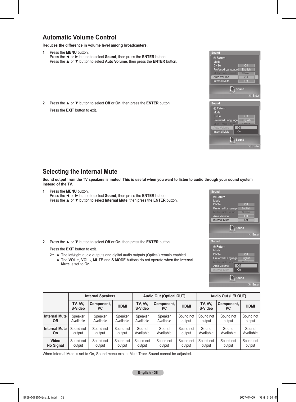 Automatic volume control, Selecting the internal mute | Samsung HLT6756WX-XAA User Manual | Page 38 / 144