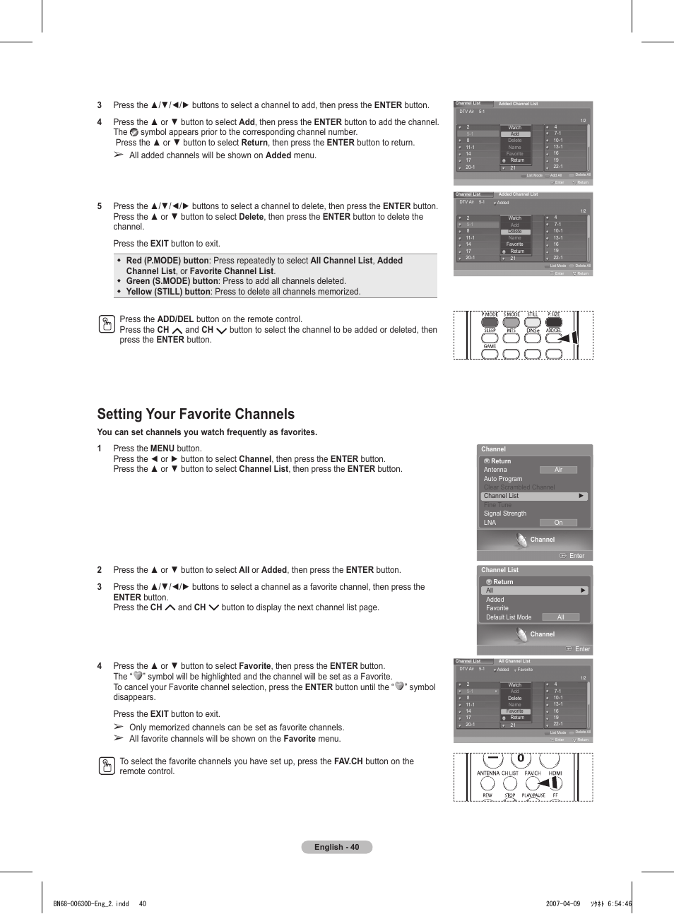 Setting your favorite channels | Samsung HLT6756WX-XAA User Manual | Page 40 / 144