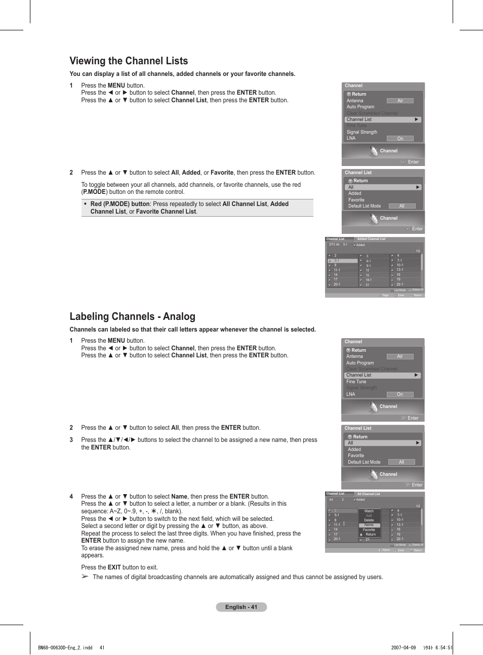 Viewing the channel lists, Labeling channels - analog | Samsung HLT6756WX-XAA User Manual | Page 41 / 144