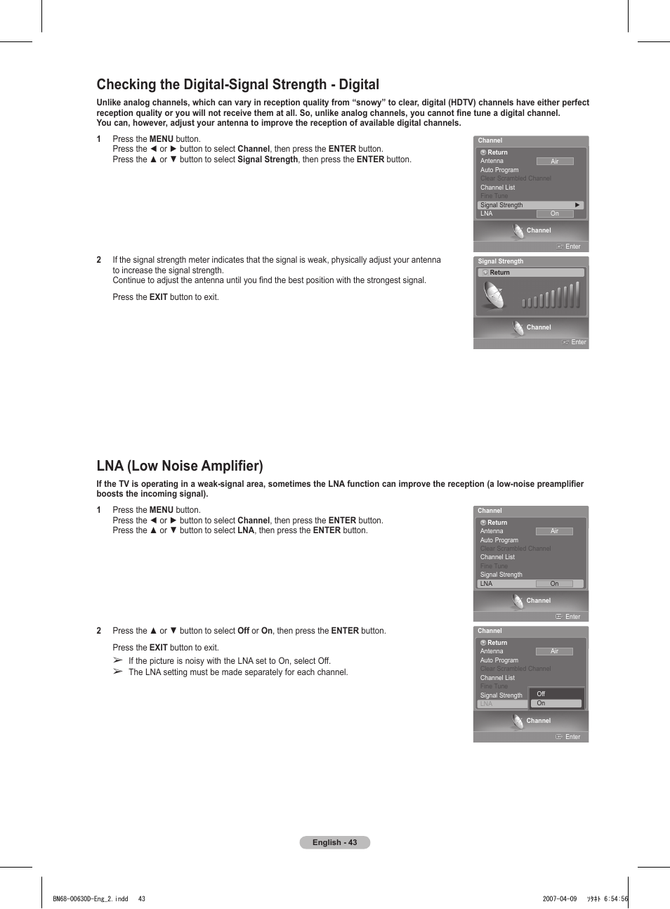 Checking the digital-signal strength - digital, Lna (low noise amplifier) | Samsung HLT6756WX-XAA User Manual | Page 43 / 144