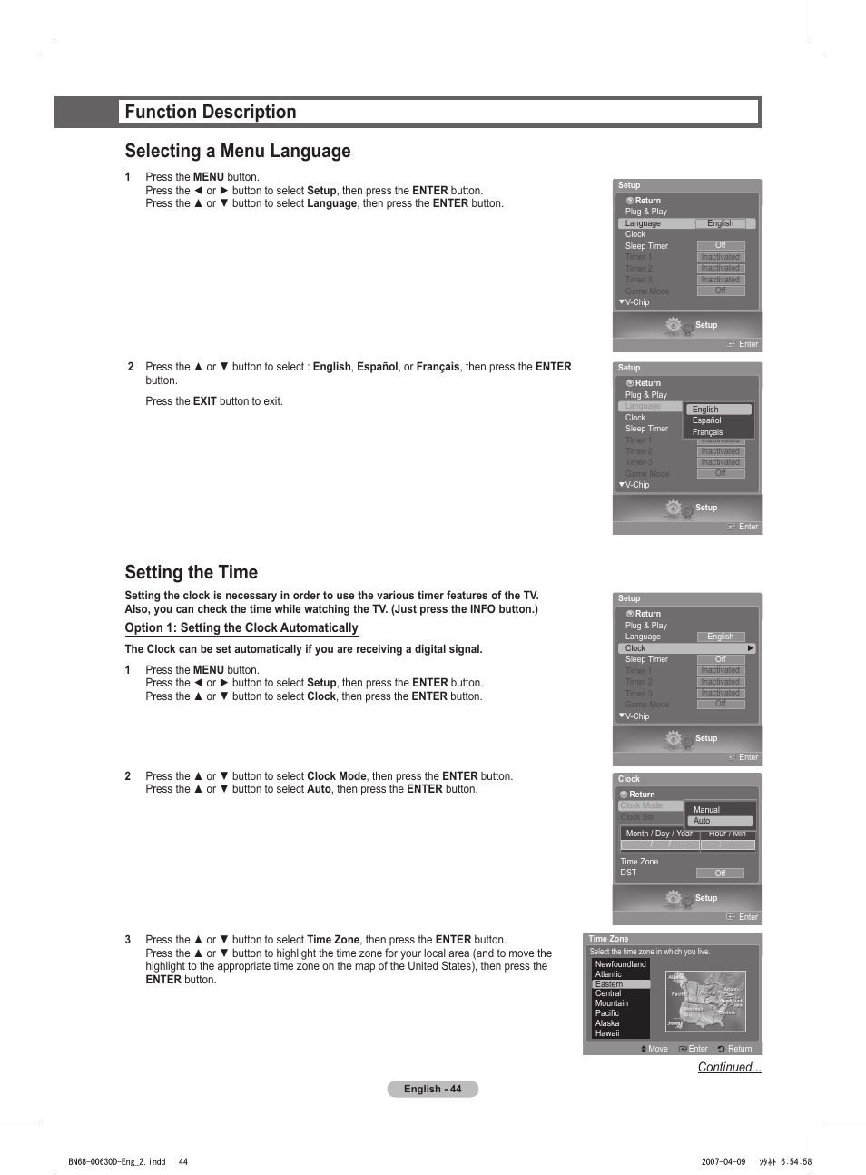 Function description, Selecting a menu language, Setting the time | Function description selecting a menu language, Continued, Option 1: setting the clock automatically | Samsung HLT6756WX-XAA User Manual | Page 44 / 144