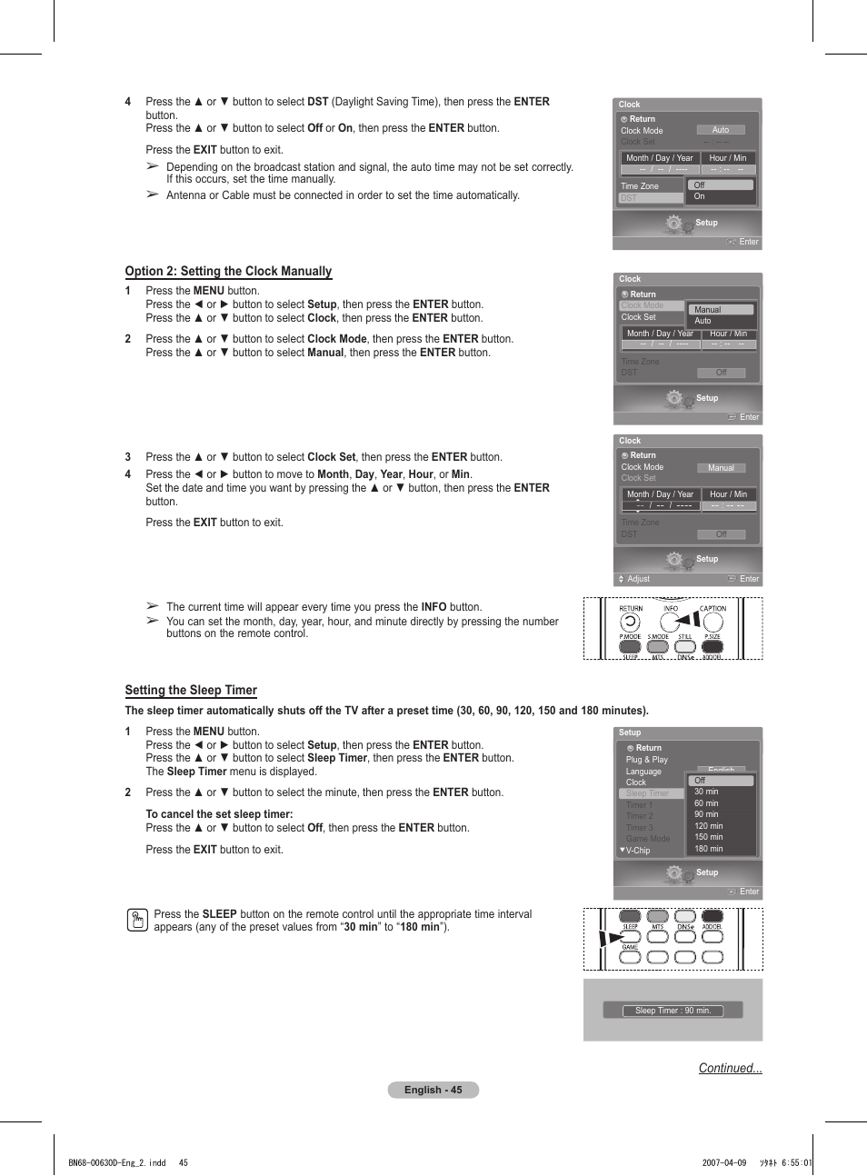 Continued, Option 2: setting the clock manually, Setting the sleep timer | Samsung HLT6756WX-XAA User Manual | Page 45 / 144