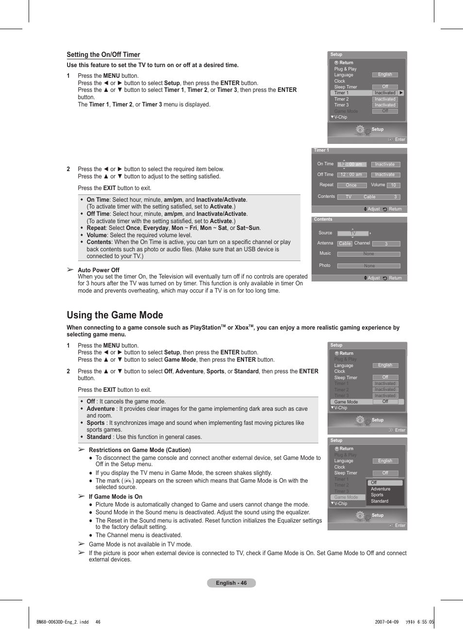 Using the game mode | Samsung HLT6756WX-XAA User Manual | Page 46 / 144