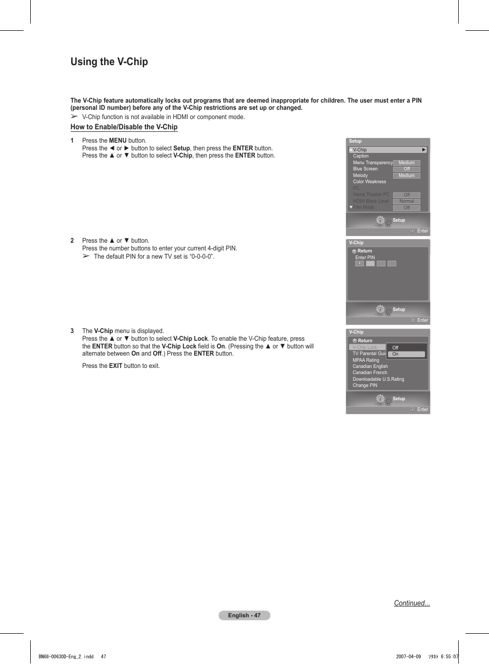 Using the v-chip, Continued, How to enable/disable the v-chip | Samsung HLT6756WX-XAA User Manual | Page 47 / 144