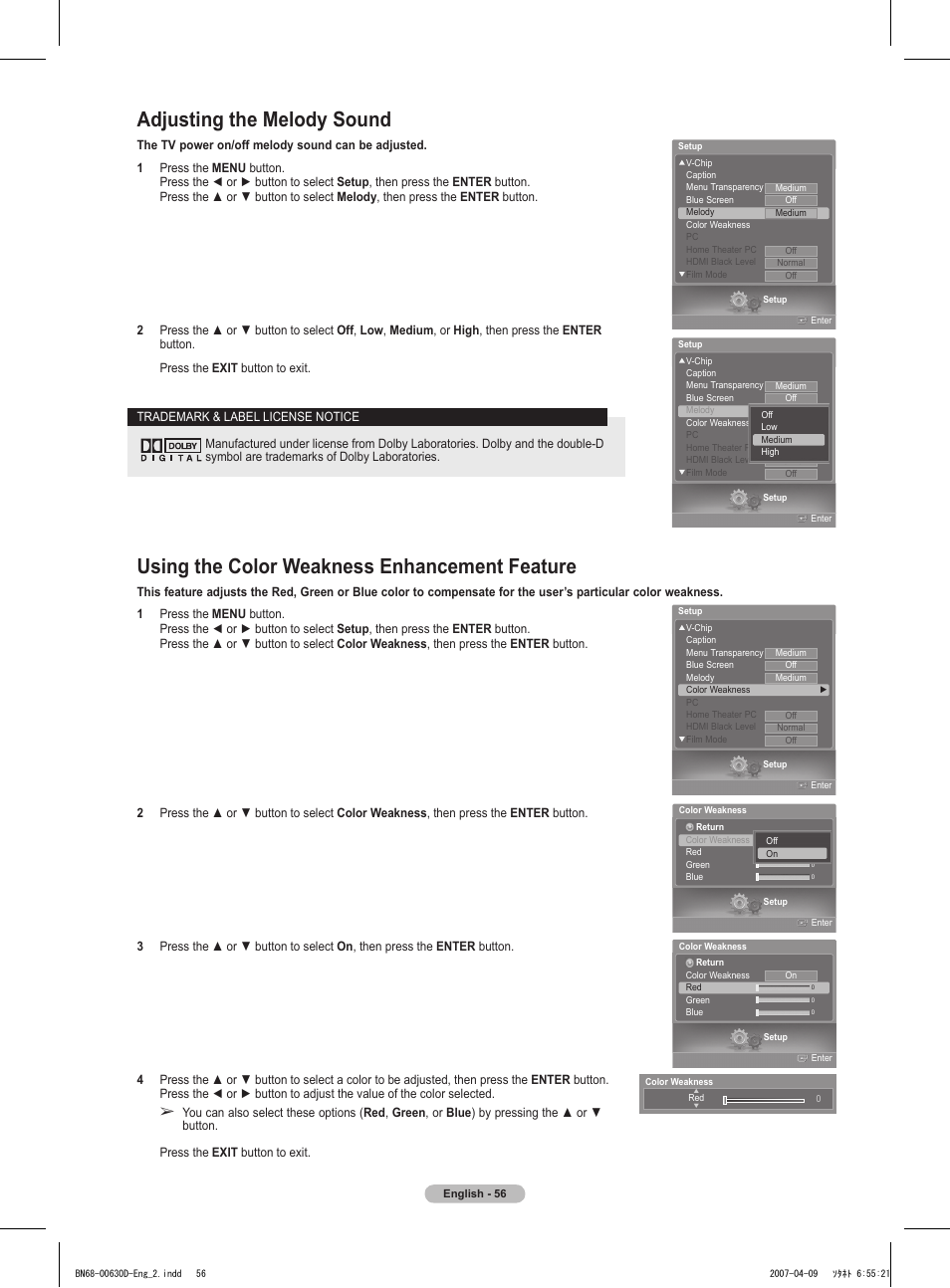 Adjusting the melody sound, Using the color weakness enhancement feature | Samsung HLT6756WX-XAA User Manual | Page 56 / 144