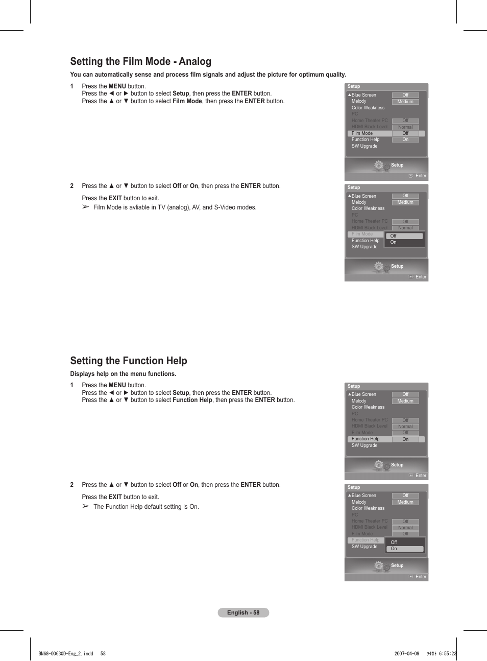 Setting the film mode - analog, Setting the function help | Samsung HLT6756WX-XAA User Manual | Page 58 / 144