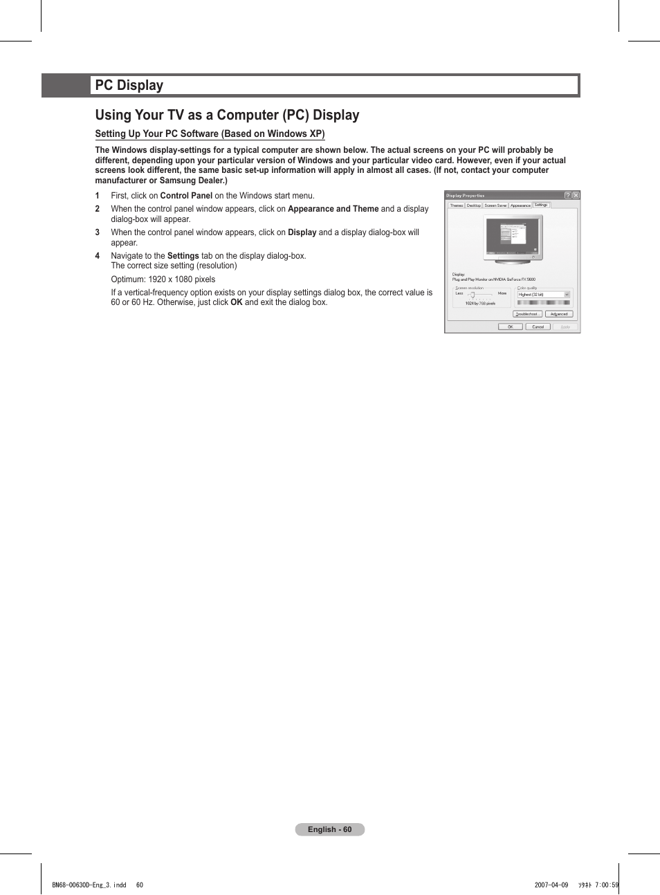 Pc display, Using your tv as a computer (pc) display | Samsung HLT6756WX-XAA User Manual | Page 60 / 144