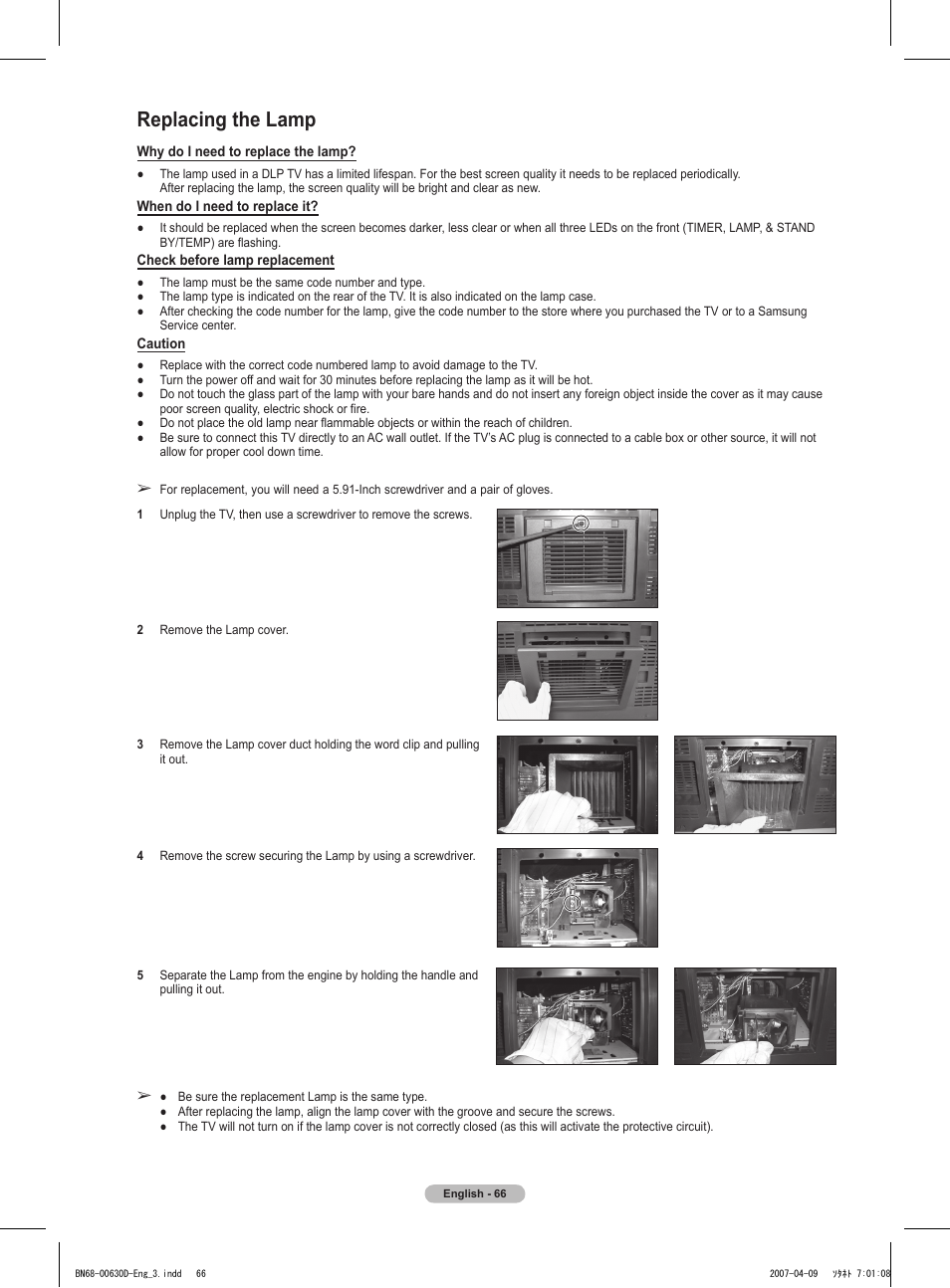 Replacing the lamp | Samsung HLT6756WX-XAA User Manual | Page 66 / 144