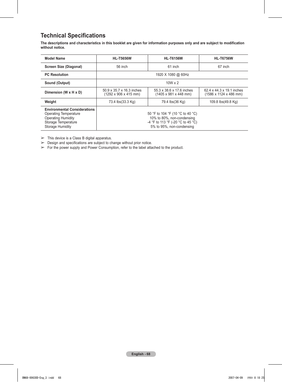 Technical specifications | Samsung HLT6756WX-XAA User Manual | Page 68 / 144