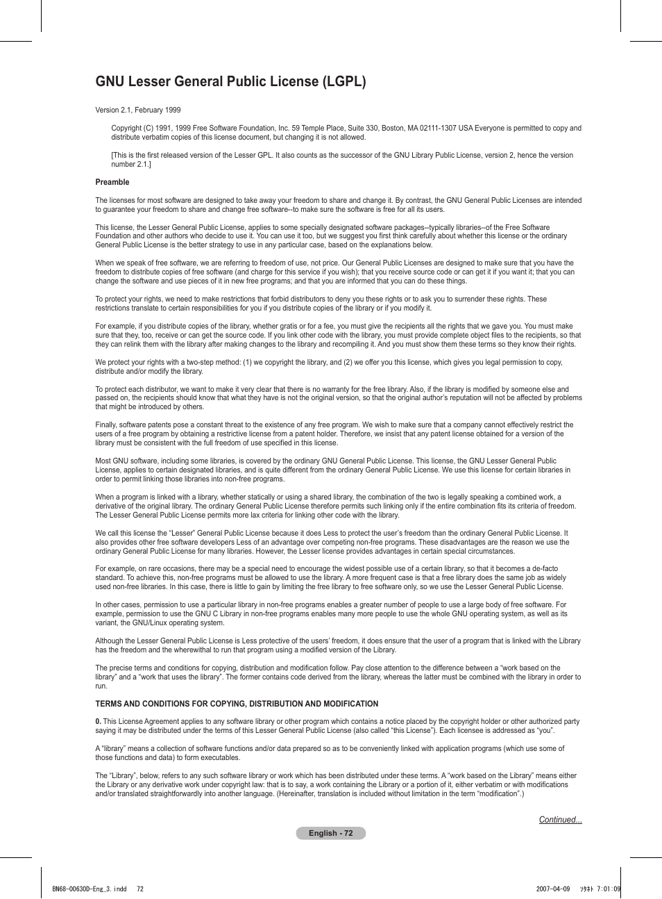 Gnu lesser general public license (lgpl) | Samsung HLT6756WX-XAA User Manual | Page 72 / 144
