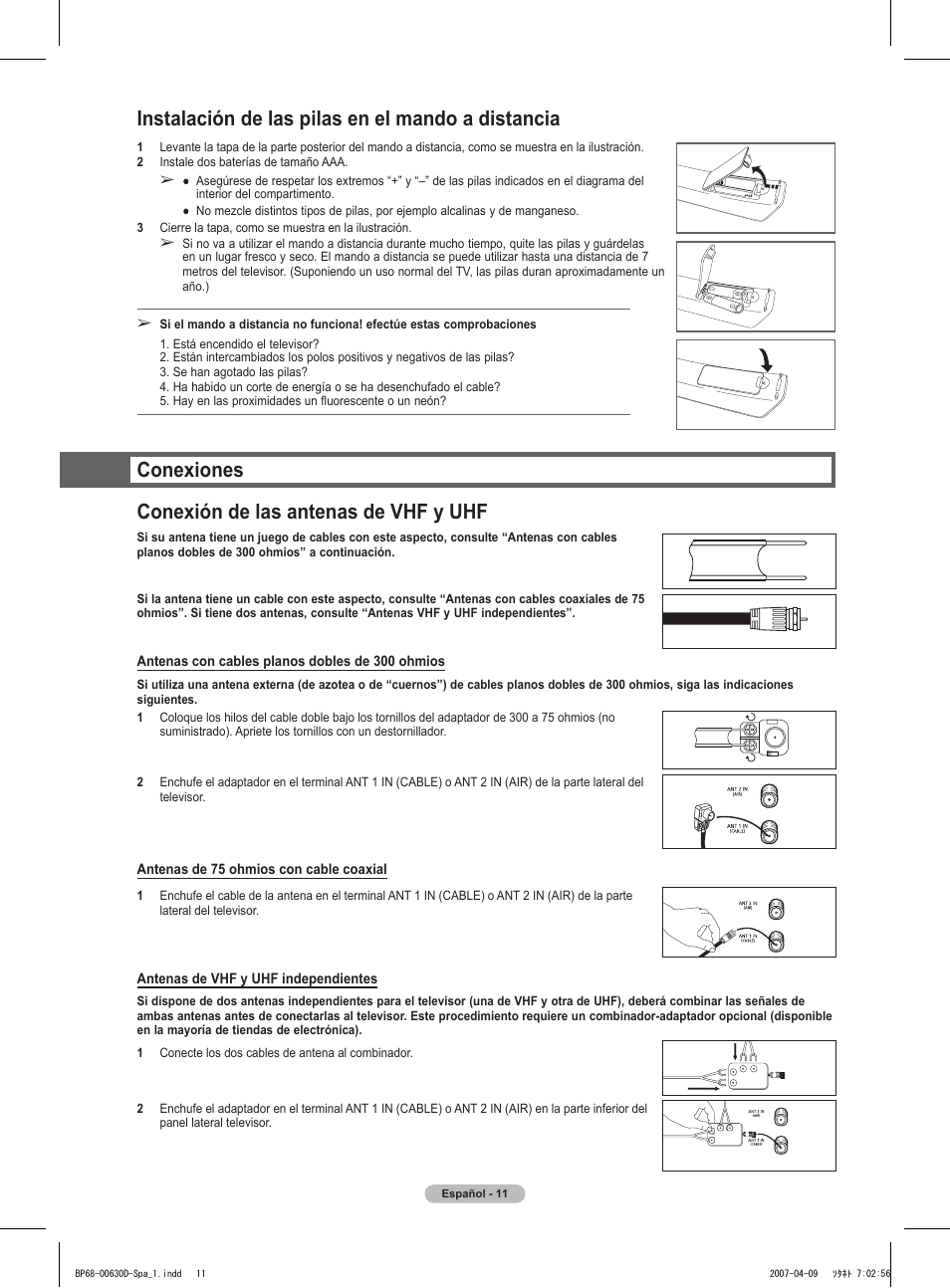 Instalación de las pilas en el mando a distancia, Conexiones conexión de las antenas de vhf y uhf | Samsung HLT6756WX-XAA User Manual | Page 86 / 144