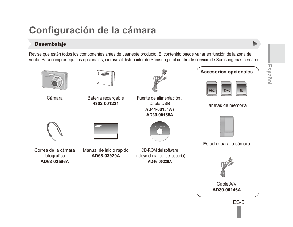 Configuración de la cámara | Samsung EC-SL102BBP-US User Manual | Page 15 / 22