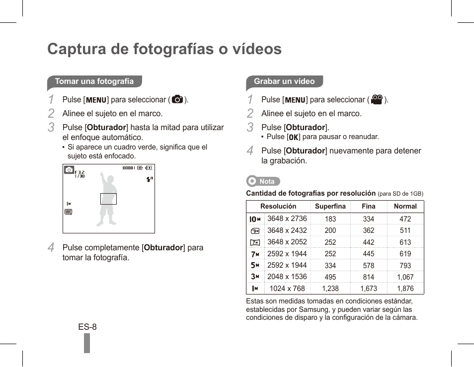 Captura de fotografías o vídeos | Samsung EC-SL102BBP-US User Manual | Page 18 / 22