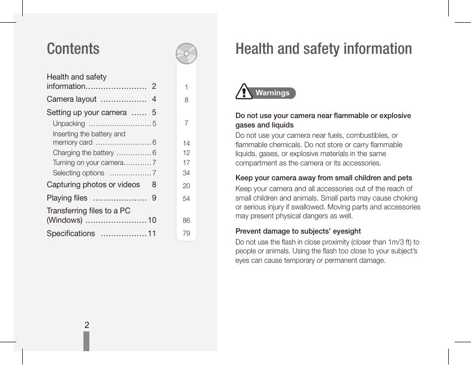 Health and safety information contents | Samsung EC-SL102BBP-US User Manual | Page 2 / 22