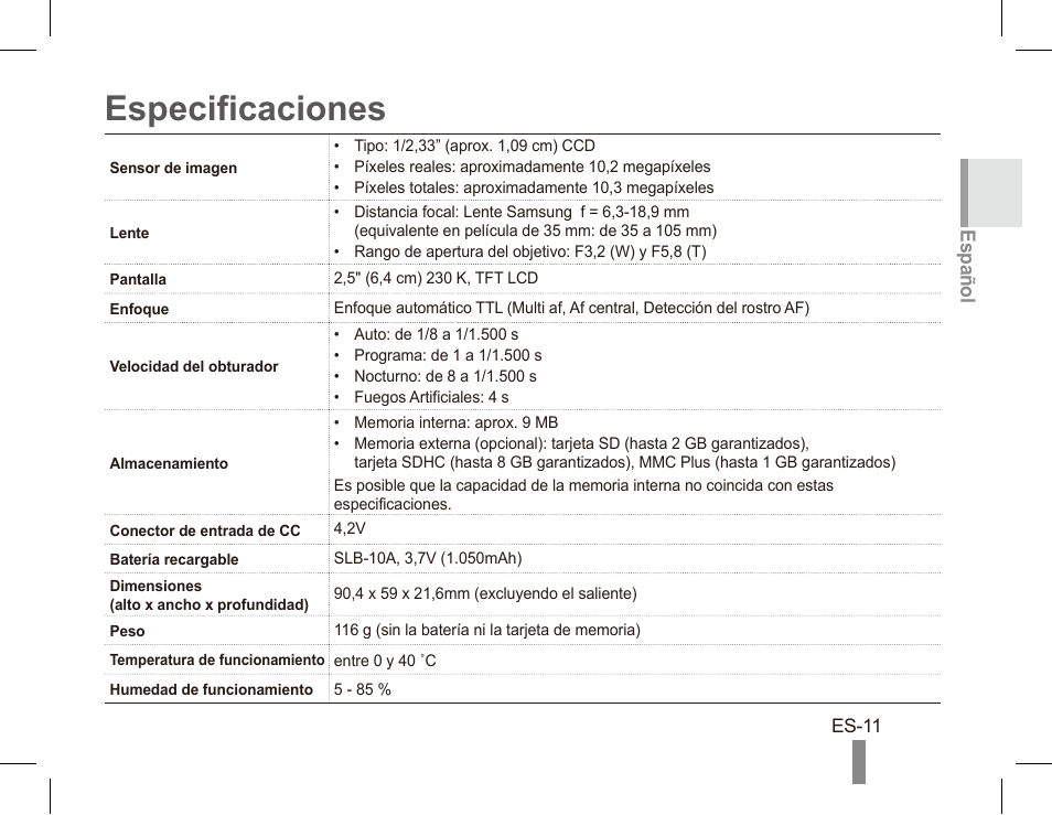 Especificaciones | Samsung EC-SL102BBP-US User Manual | Page 21 / 22