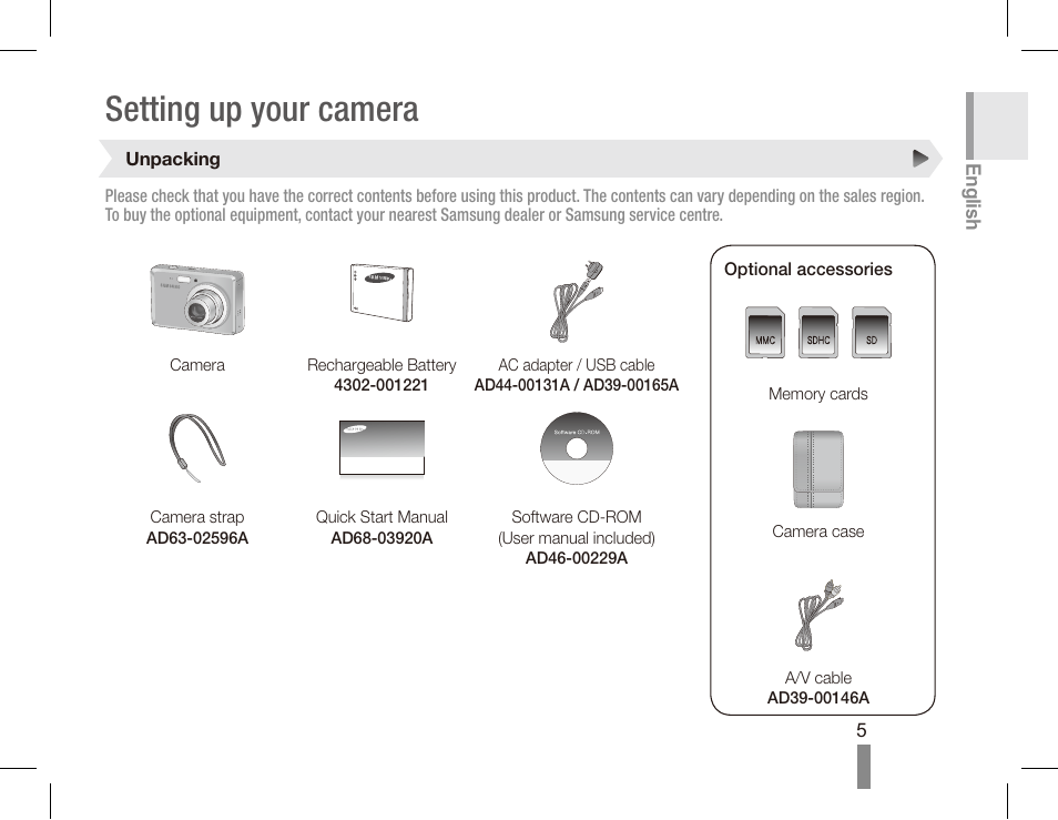 Setting up your camera | Samsung EC-SL102BBP-US User Manual | Page 5 / 22