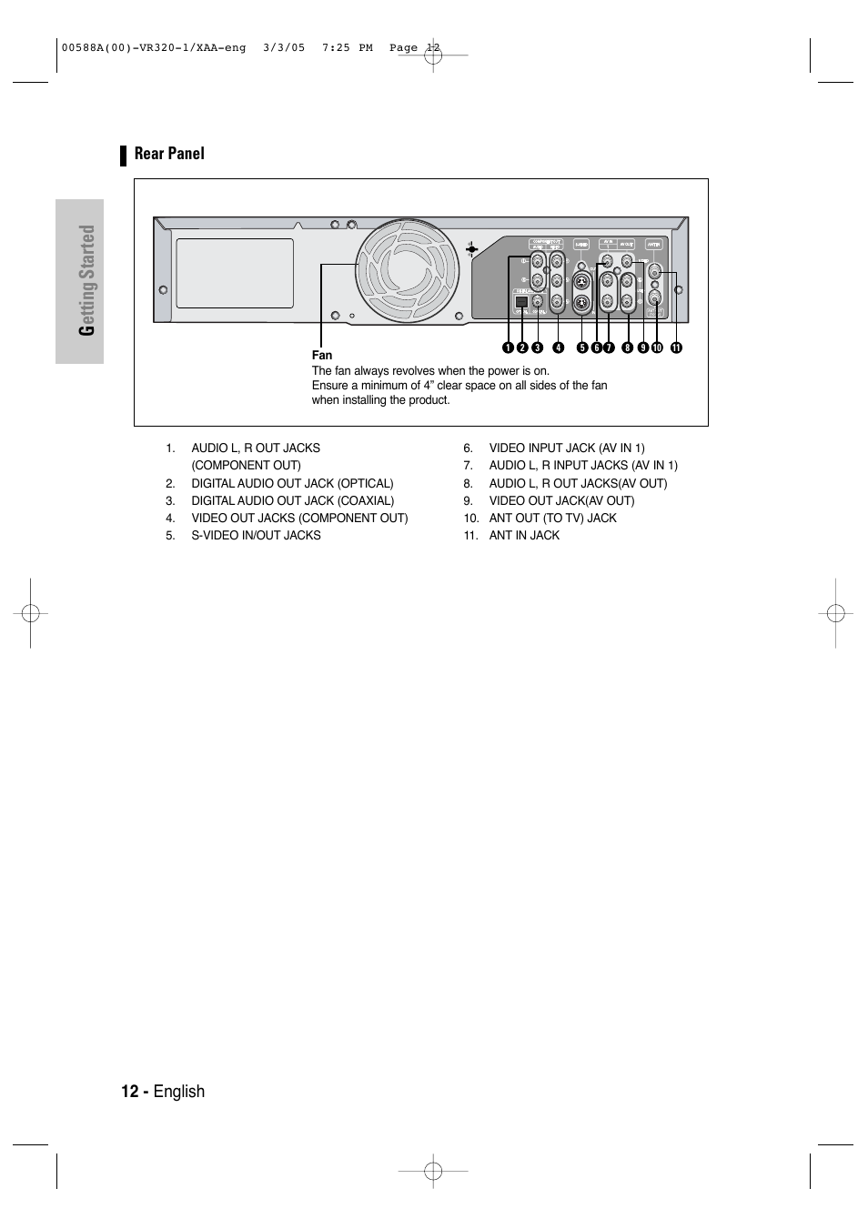 Rear panel, Getting started, 12 - english rear panel | Samsung DVD-VR320-AXAA User Manual | Page 12 / 88