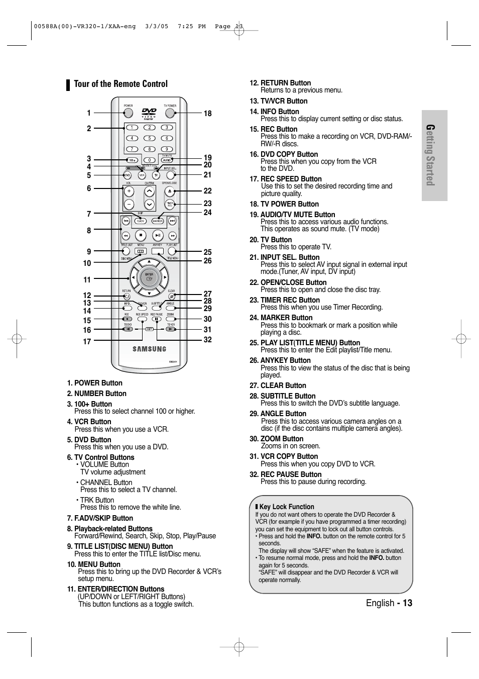 Rear panel, Getting started, English - 13 tour of the remote control | Samsung DVD-VR320-AXAA User Manual | Page 13 / 88