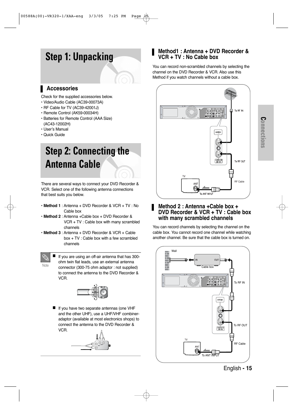 Step 1: unpacking, Step 2: connecting the antenna cable, Connections | English - 15, Accessories | Samsung DVD-VR320-AXAA User Manual | Page 15 / 88