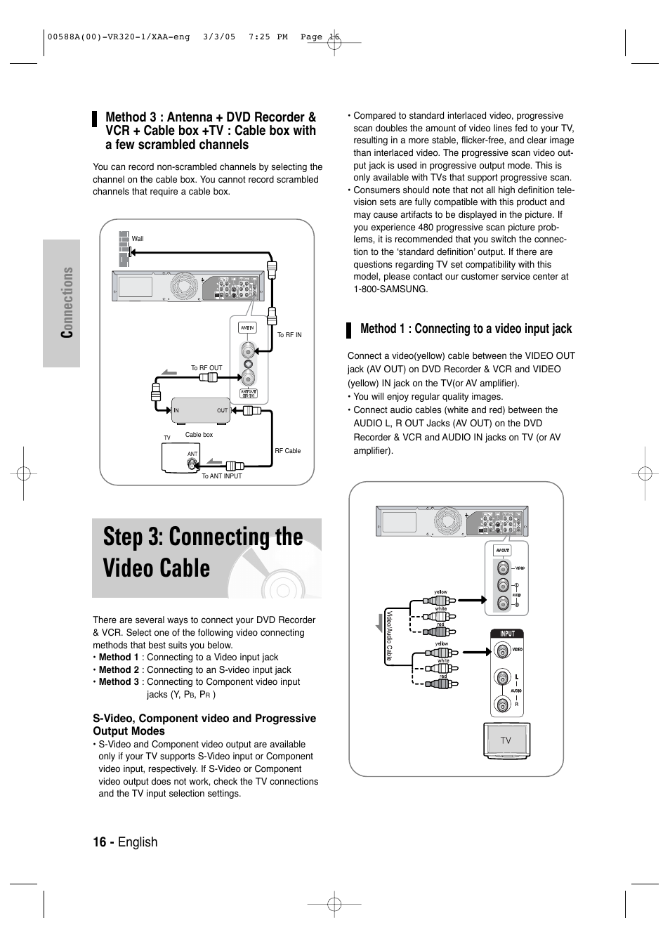 Step 3: connecting the video cable, Connections, Method 1 : connecting to a video input jack | Samsung DVD-VR320-AXAA User Manual | Page 16 / 88