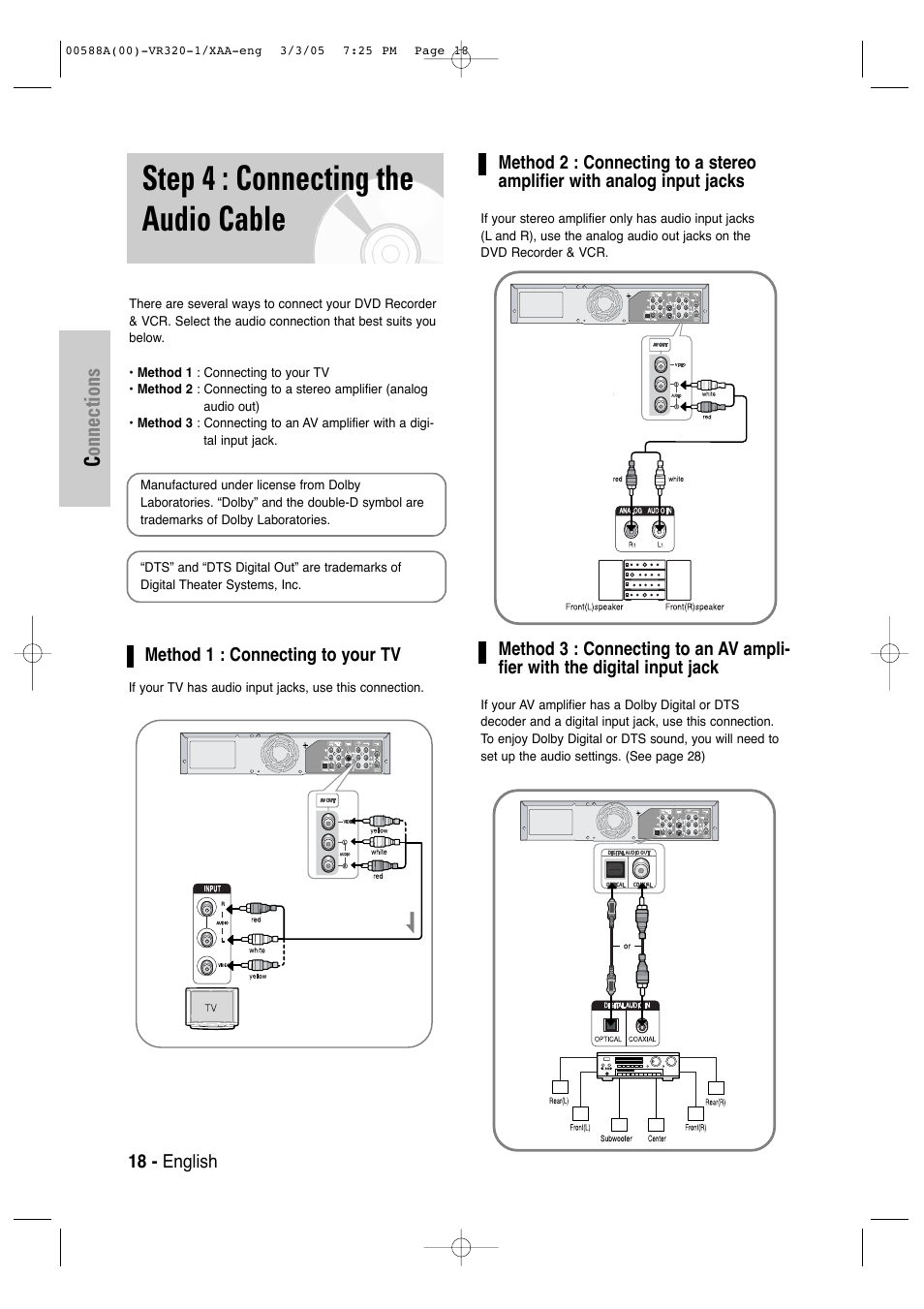 Step 4 : connecting the audio cable, Connections | Samsung DVD-VR320-AXAA User Manual | Page 18 / 88