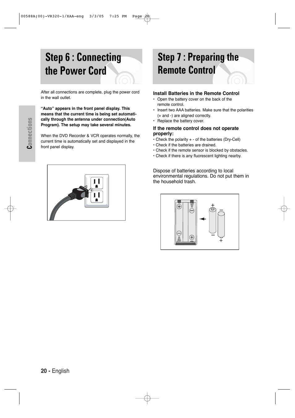 Step 6 : connecting the power cord, Step 7 : preparing the remote control, Connections | Samsung DVD-VR320-AXAA User Manual | Page 20 / 88