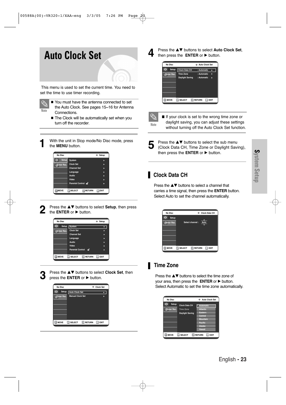 Auto clock set, System setup, English - 23 | Clock data ch, Time zone | Samsung DVD-VR320-AXAA User Manual | Page 23 / 88