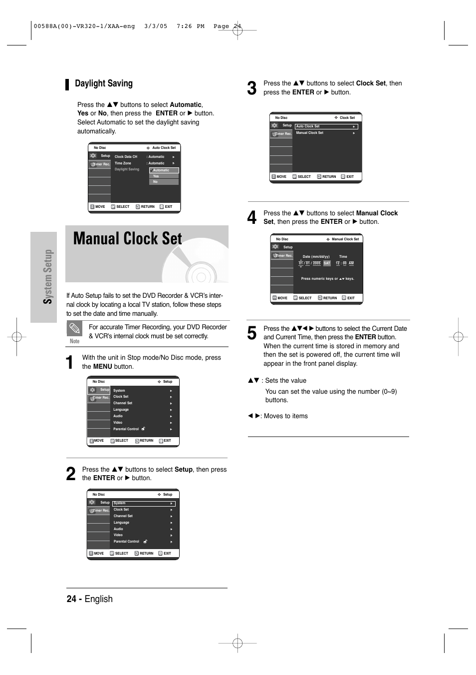Manual clock set, System setup, Daylight saving | 24 - english | Samsung DVD-VR320-AXAA User Manual | Page 24 / 88