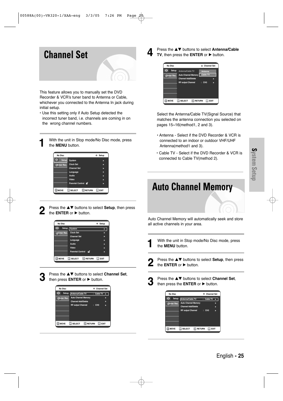 Channel set, Auto channel memory, System setup | English - 25 | Samsung DVD-VR320-AXAA User Manual | Page 25 / 88
