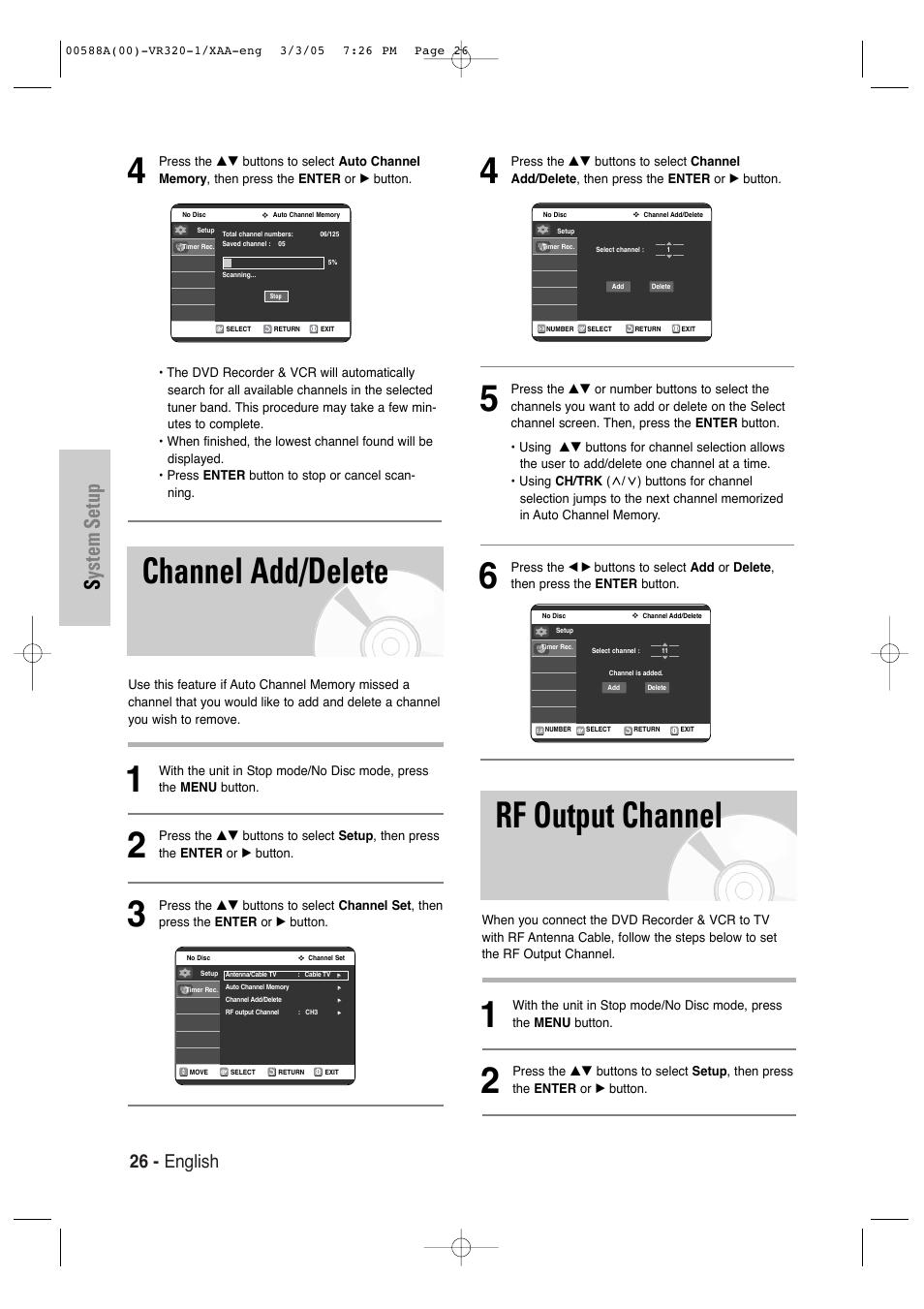 Channel add/delete, Rf output channel, System setup | 26 - english | Samsung DVD-VR320-AXAA User Manual | Page 26 / 88