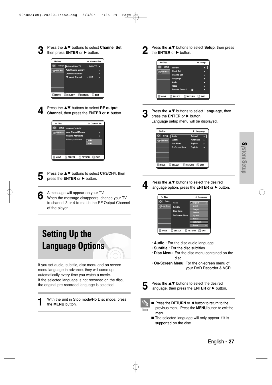 Setting up the language options, System setup, English - 27 | Samsung DVD-VR320-AXAA User Manual | Page 27 / 88