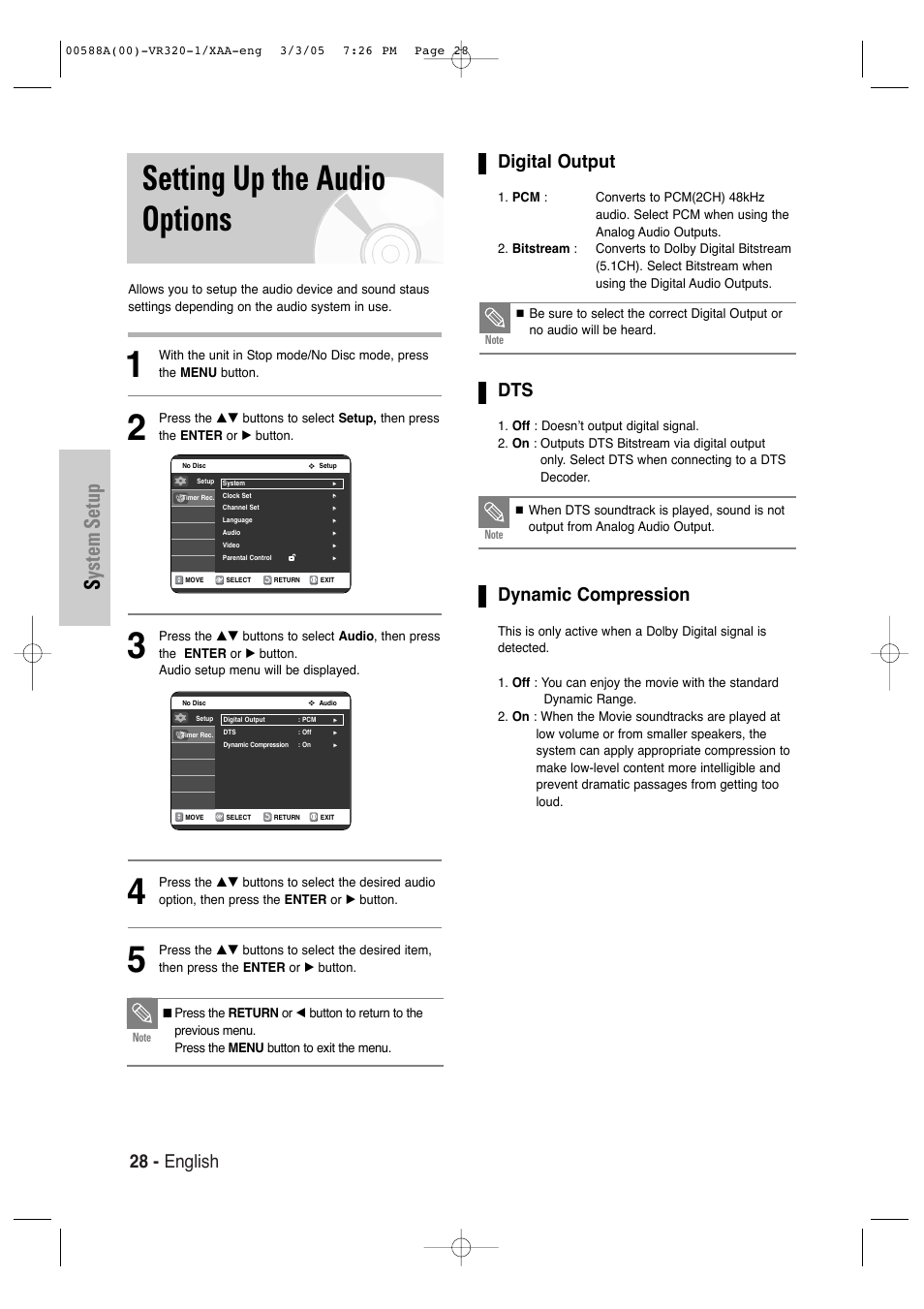 Setting up the audio options, System setup, 28 - english | Digital output, Dynamic compression | Samsung DVD-VR320-AXAA User Manual | Page 28 / 88