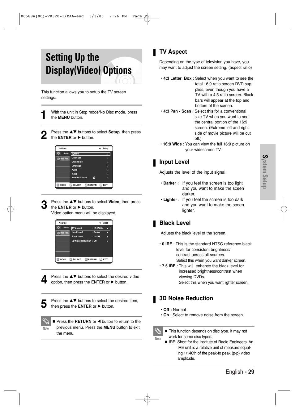 Setting up the display(video) options, System setup, English - 29 | Tv aspect, Input level, Black level, 3d noise reduction | Samsung DVD-VR320-AXAA User Manual | Page 29 / 88