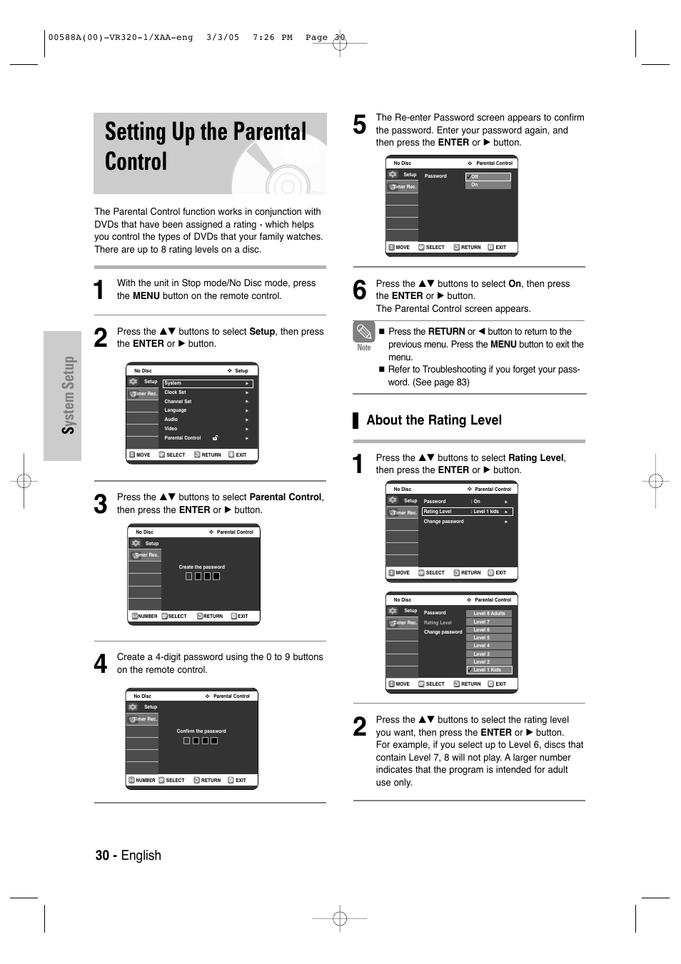 Setting up the parental control, System setup, About the rating level | 30 - english | Samsung DVD-VR320-AXAA User Manual | Page 30 / 88