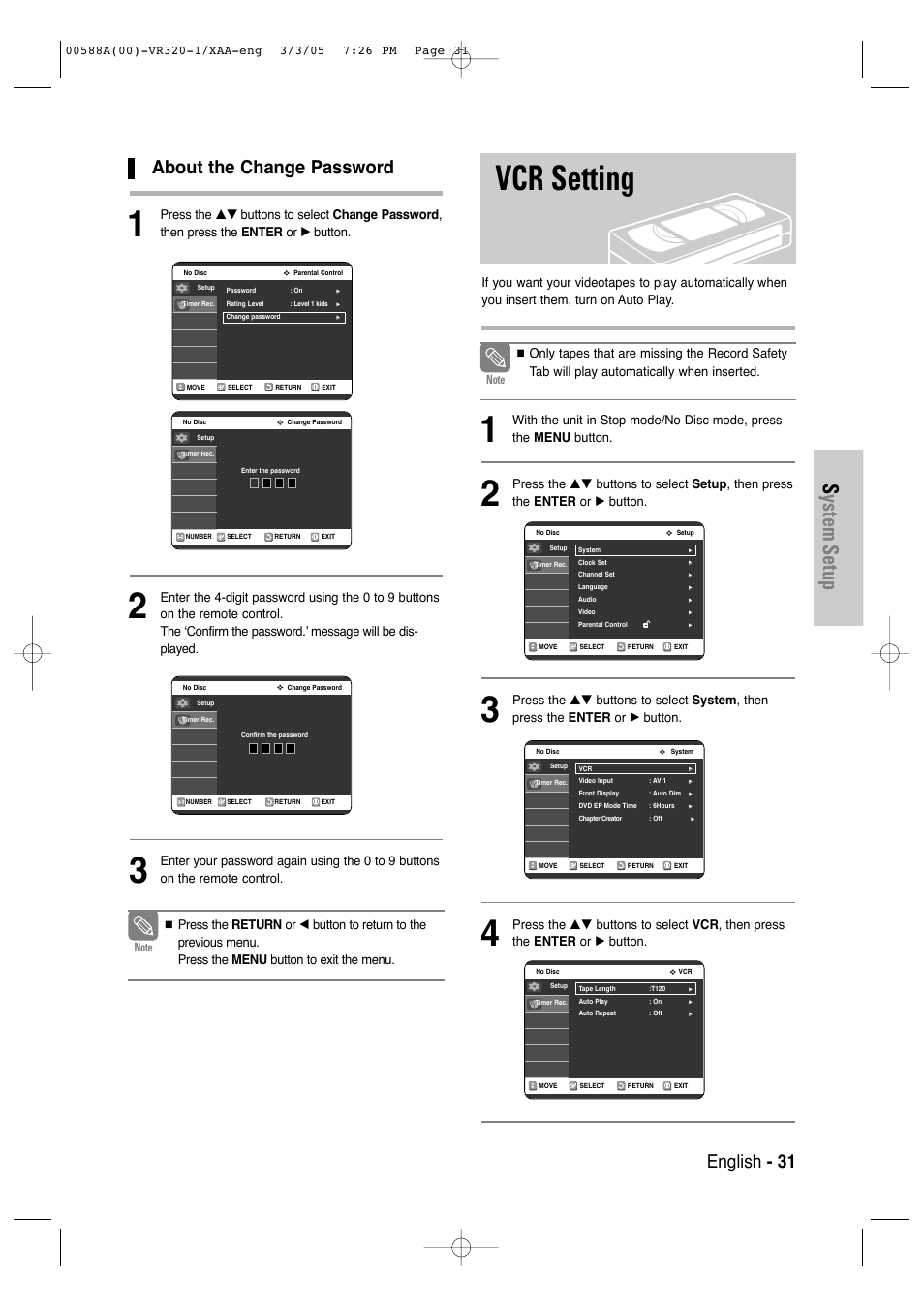Vcr setting, System setup, About the change password | English - 31 | Samsung DVD-VR320-AXAA User Manual | Page 31 / 88