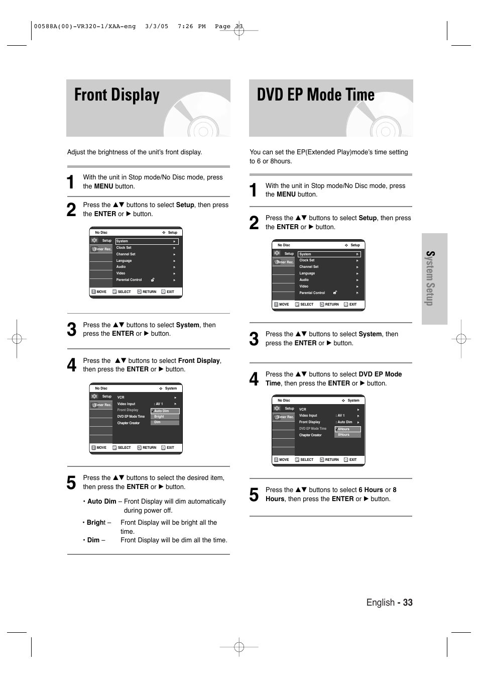 Front display, Dvd ep mode time, System setup | English - 33 | Samsung DVD-VR320-AXAA User Manual | Page 33 / 88