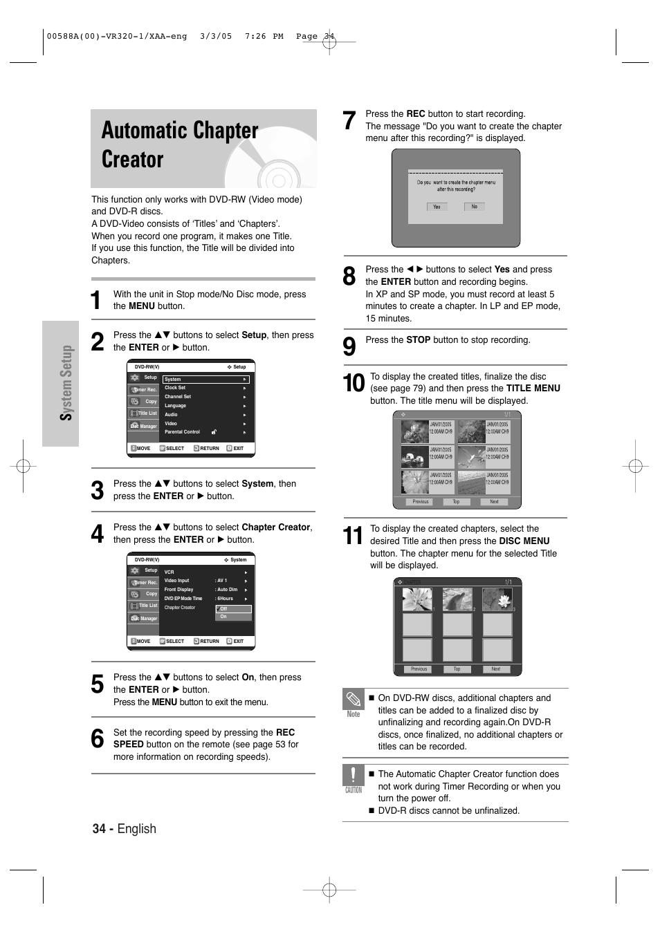 Automatic chapter creator, System setup, 34 - english | Samsung DVD-VR320-AXAA User Manual | Page 34 / 88