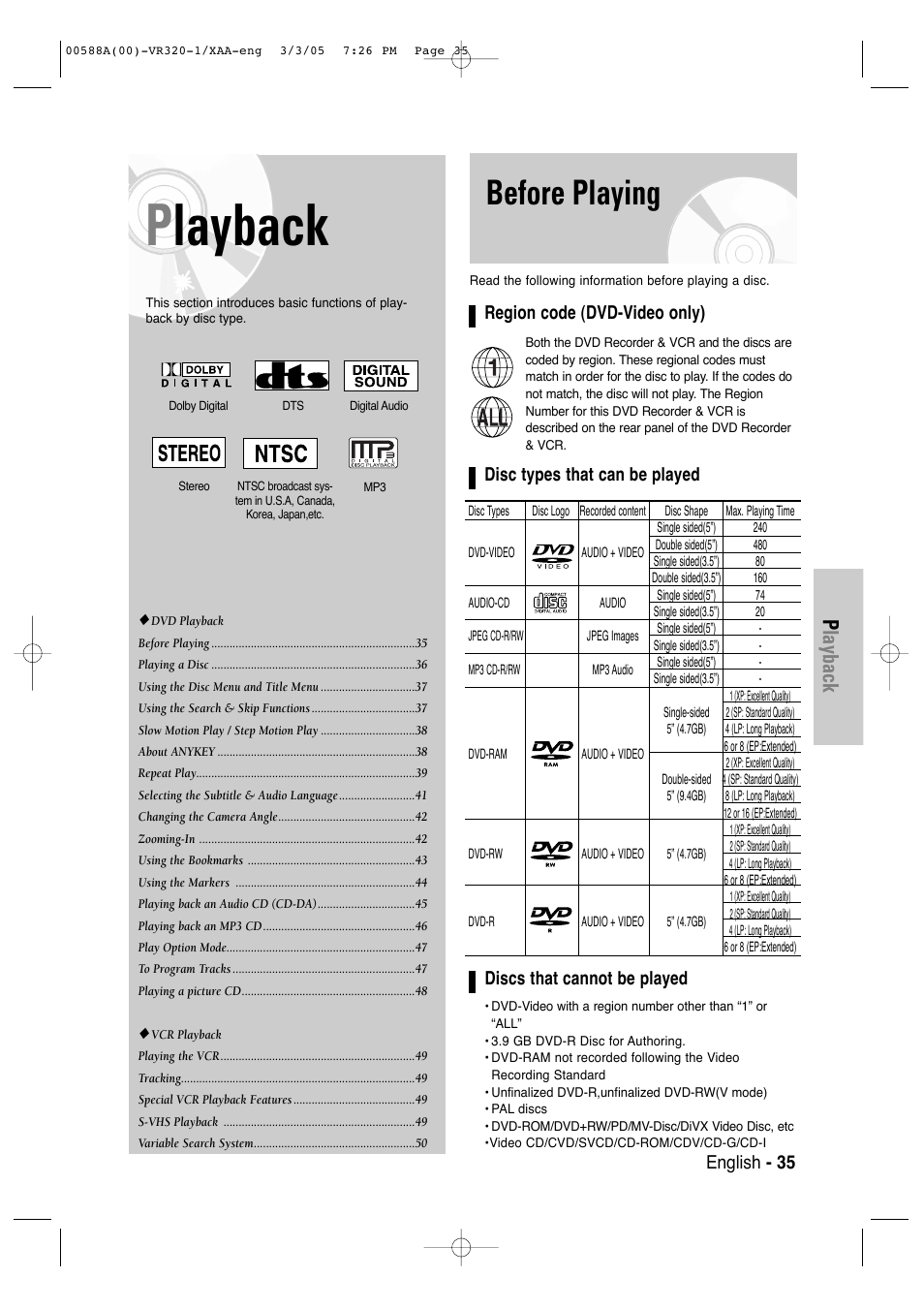 Playback, Before playing, Region code (dvd-video only) | English - 35 | Samsung DVD-VR320-AXAA User Manual | Page 35 / 88