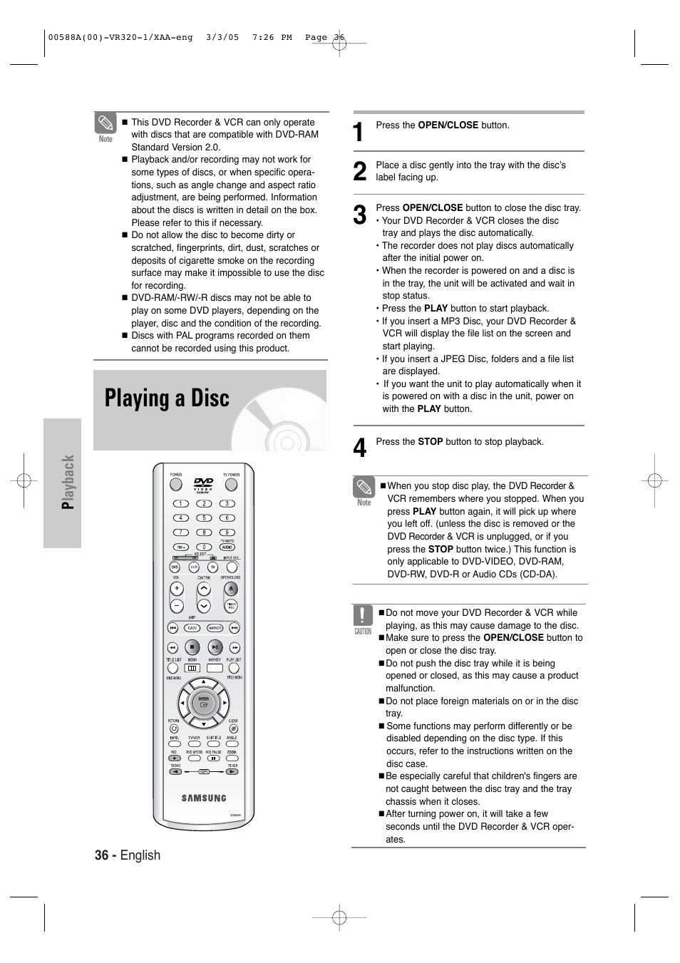 Playing a disc, Playback | Samsung DVD-VR320-AXAA User Manual | Page 36 / 88