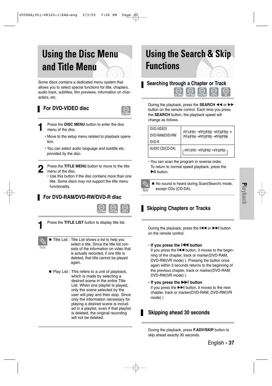 Using the disc menu and title menu, Using the search & skip functions, Playback | Samsung DVD-VR320-AXAA User Manual | Page 37 / 88