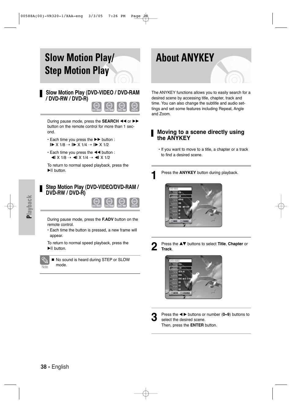 Slow motion play/ step motion play, About anykey, Playback | 38 - english, Moving to a scene directly using the anykey | Samsung DVD-VR320-AXAA User Manual | Page 38 / 88