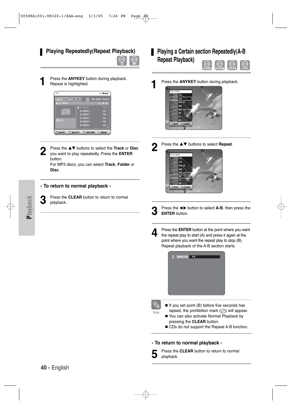 40 - english, Playing repeatedly(repeat playback) | Samsung DVD-VR320-AXAA User Manual | Page 40 / 88