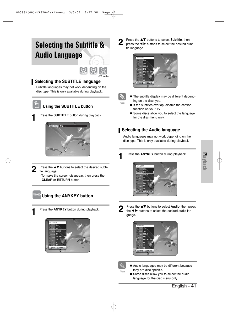 Selecting the subtitle & audio language, Playback, English - 41 | Selecting the subtitle language, Using the anykey button, Selecting the audio language, Using the subtitle button | Samsung DVD-VR320-AXAA User Manual | Page 41 / 88