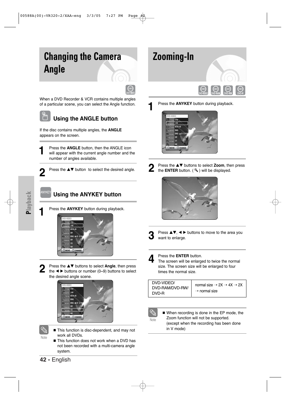 Changing the camera angle, Zooming-in, Playback | 42 - english, Using the angle button, Using the anykey button | Samsung DVD-VR320-AXAA User Manual | Page 42 / 88