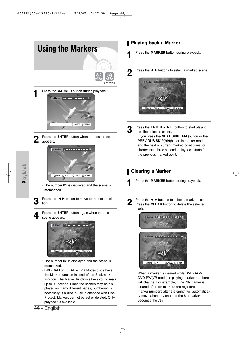 Using the markers, Playback, 44 - english | Playing back a marker, Clearing a marker | Samsung DVD-VR320-AXAA User Manual | Page 44 / 88