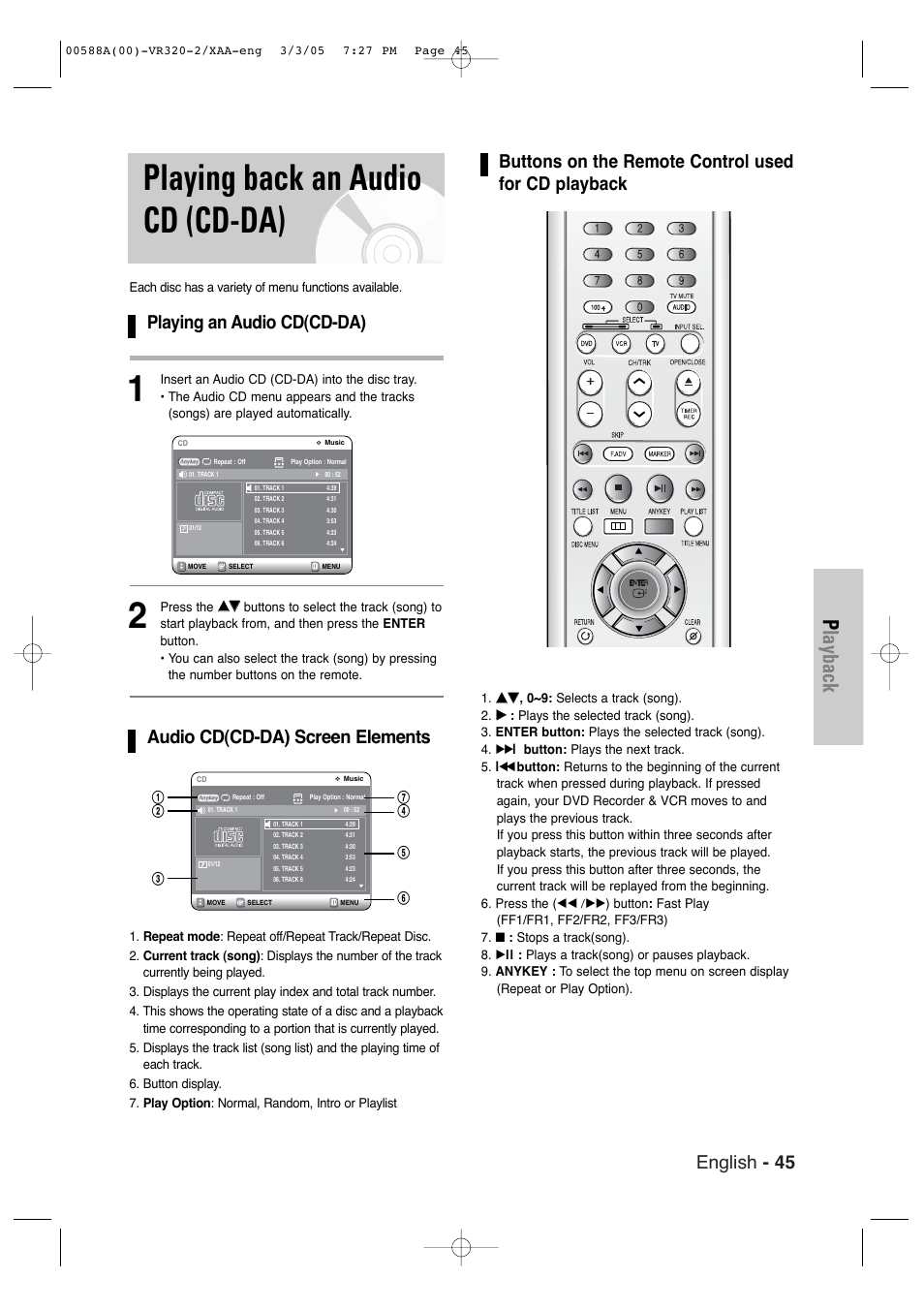 Playing back an audio cd (cd-da), Playback, English - 45 | Playing an audio cd(cd-da), Audio cd(cd-da) screen elements, Buttons on the remote control used for cd playback | Samsung DVD-VR320-AXAA User Manual | Page 45 / 88
