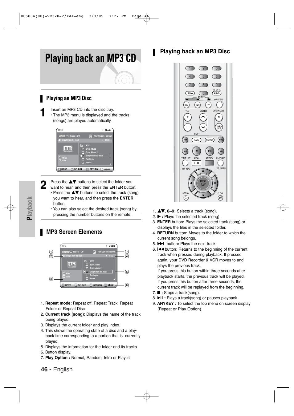 Playing back an mp3 cd, Playback, 46 - english | Playing an mp3 disc, Mp3 screen elements, Playing back an mp3 disc | Samsung DVD-VR320-AXAA User Manual | Page 46 / 88