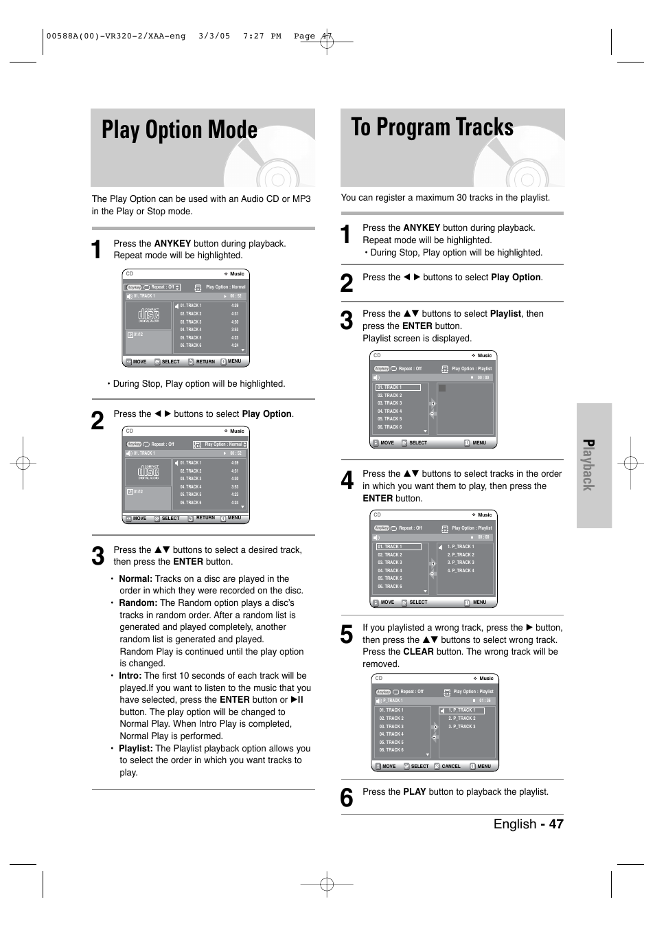 Play option mode, To program tracks, Playback | English - 47 | Samsung DVD-VR320-AXAA User Manual | Page 47 / 88